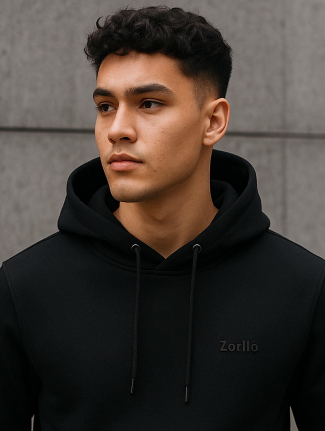 A stylish Gen Z male model confidently wearing a premium black hoodie with a modern fit, standing in front of a sleek urban concrete wall. The hoodie has a minimalistic design with the 'Zorllo' logo subtly printed on the chest. The background is clean and neutral, perfect for an online fashion store. Lighting is soft and professional studio-style, enhancing fabric texture and fit. The model should appear relaxed, confident, and fashionable.  like the deigns from my shop